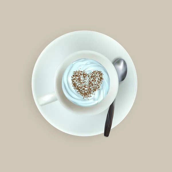 Tazza di caffè espresso, vista dall'alto, piattino, cucchiaio , — Vettoriale Stock