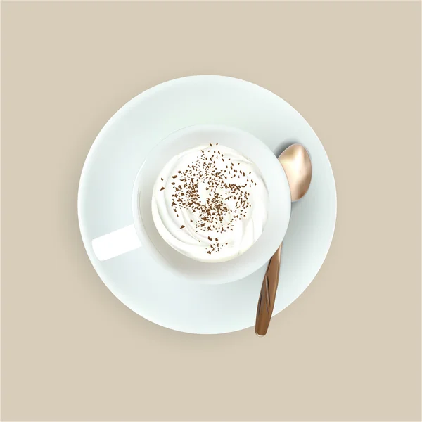 Cup of espresso coffee, top view, saucer, spoon, — 图库矢量图片