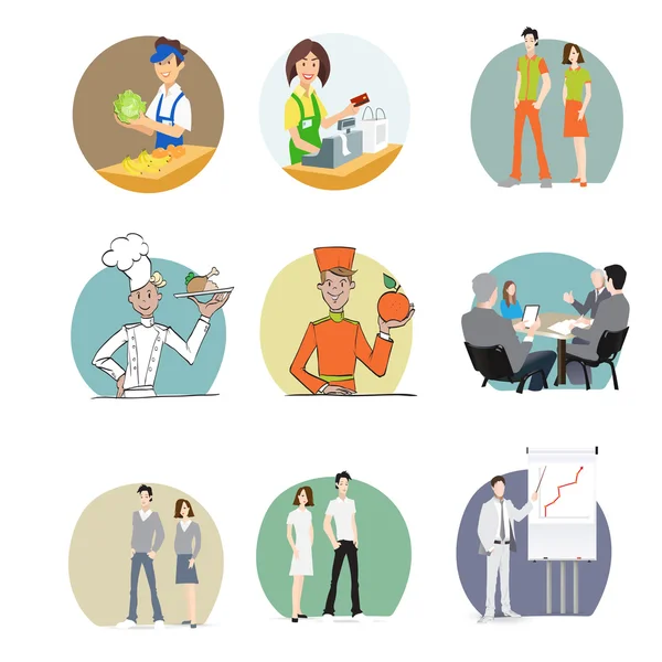 Male and female employees in the office, creative people, the staff, the staff, the clothes, cook the seller, cashier, waiter,  vector — Stock Vector