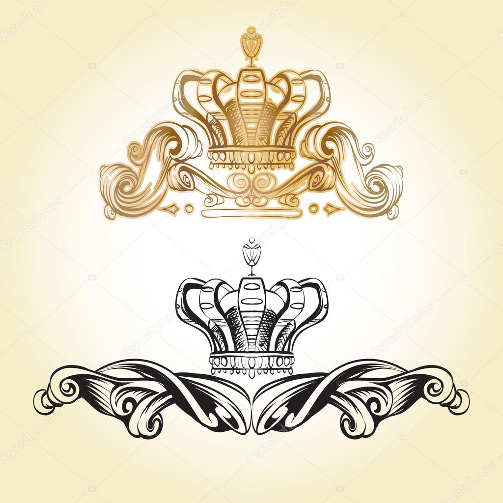 crown vector, decorative elements in vintage style for decoration layout, framing, for text for advertising, vector illustration, sketch, drawing hands, pen and ink