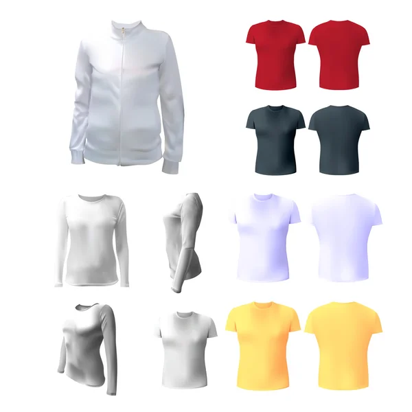 Camiseta blanca para mujer para anunciar, sudadera, blanca, aislada, chaqueta con cremallera para la aplicación del logotipo, ilustración vectorial 3d — Vector de stock