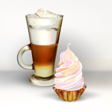 uzun cam fincan kapuçino krem şanti ile katmanları yapılmış, illüstrasyonlar, sütlü kahve, kek ve hamur işleri izole