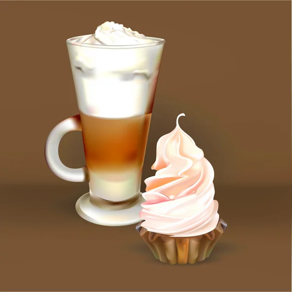 Groot glas kopje cappuccino met slagroom gemaakt van lagen, geïsoleerde illustraties, latte, cake en gebak — Stockvector