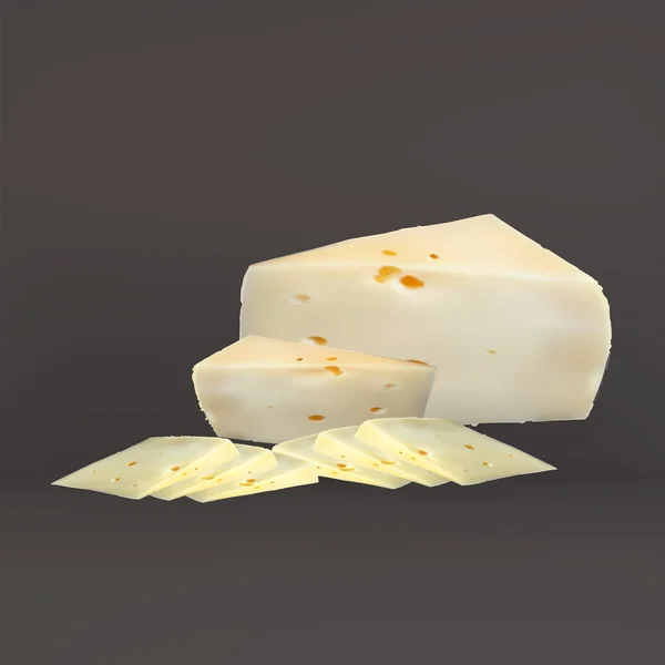 Rodajas de queso, con agujeros cortados, aislados, vector realista — Archivo Imágenes Vectoriales