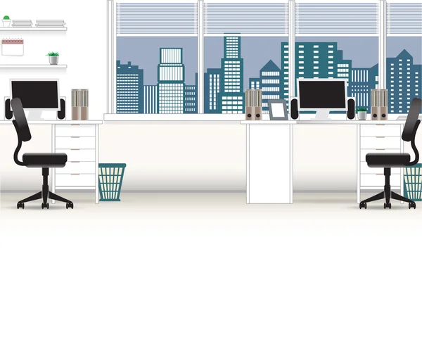 Büro Interieur Vektor Business Hintergrund, Tische Stühle, Computerschreibtisch, Desktop, Fenster, Stadt, Mitarbeiter, leer, auf den Tischen mit Computern — Stockvektor