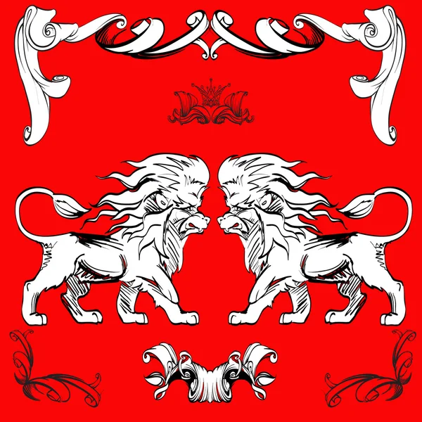 Logo, amblem, aslan ve kalkan bezi için Hanedanlık armaları arka plan, — Stok Vektör