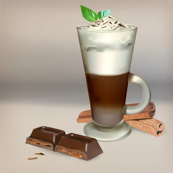 Haute tasse en verre de cappuccino avec des couches de crème fouettée, iso — Image vectorielle