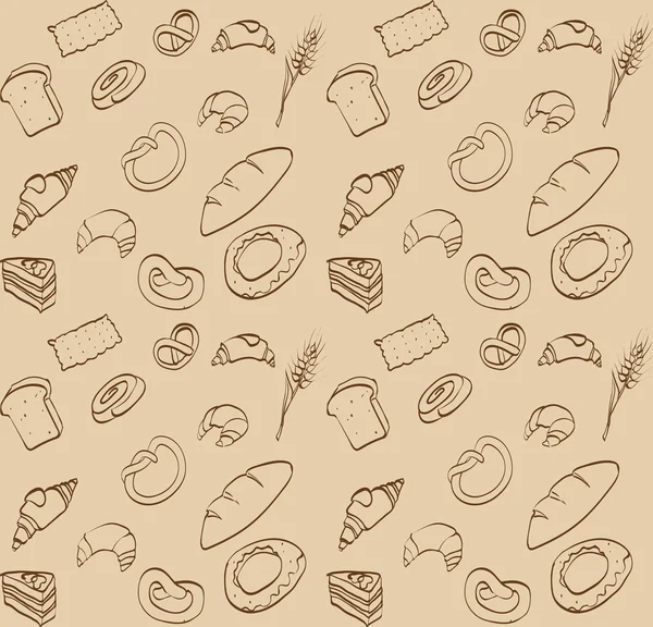 Textura sin costura vector, alimentos, pan pan pan brioche croissant, pastel, baguettes, rosquillas, trigo espiga de centeno — Vector de stock