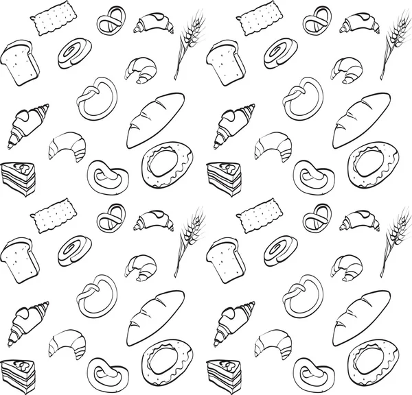 Vector textura sin costura, alimentos, pan pan pan brioche croissant, cak — Vector de stock