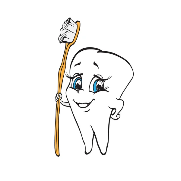 Diente y cepillo de dientes cómics divertidos personaje de dibujos animados logo dentista — Vector de stock