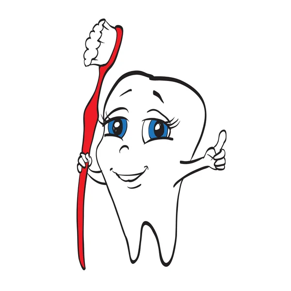 Diente y cepillo de dientes cómics divertidos personaje de dibujos animados logo dentista — Vector de stock