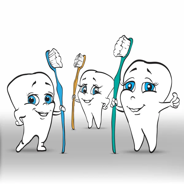 Diente y cepillo de dientes cómics divertidos personaje de dibujos animados logo dentista — Vector de stock
