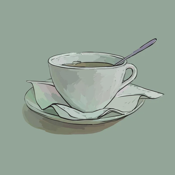 Taza de té, platillo y cuchara servilleta vector aislado — Vector de stock