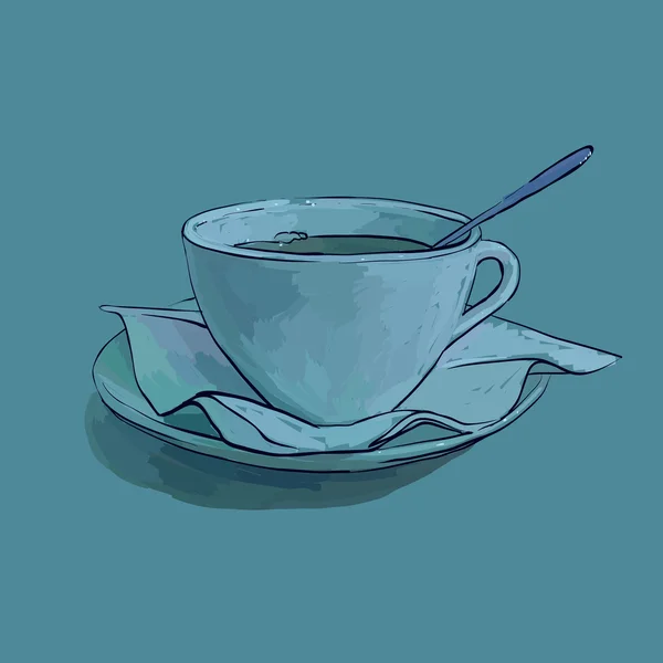 Taza de té, platillo y cuchara servilleta vector aislado — Archivo Imágenes Vectoriales