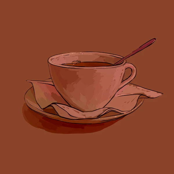 Taza de té, platillo y cuchara servilleta vector aislado — Vector de stock