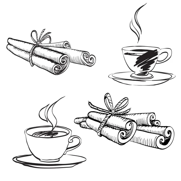 Kaneel, koffie, inkt borstel geïsoleerde vector tekening — Stockvector