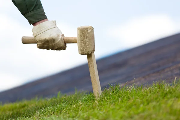 Landscaper lavoratore fissaggio rotolato erba zolle sul terreno — Foto Stock