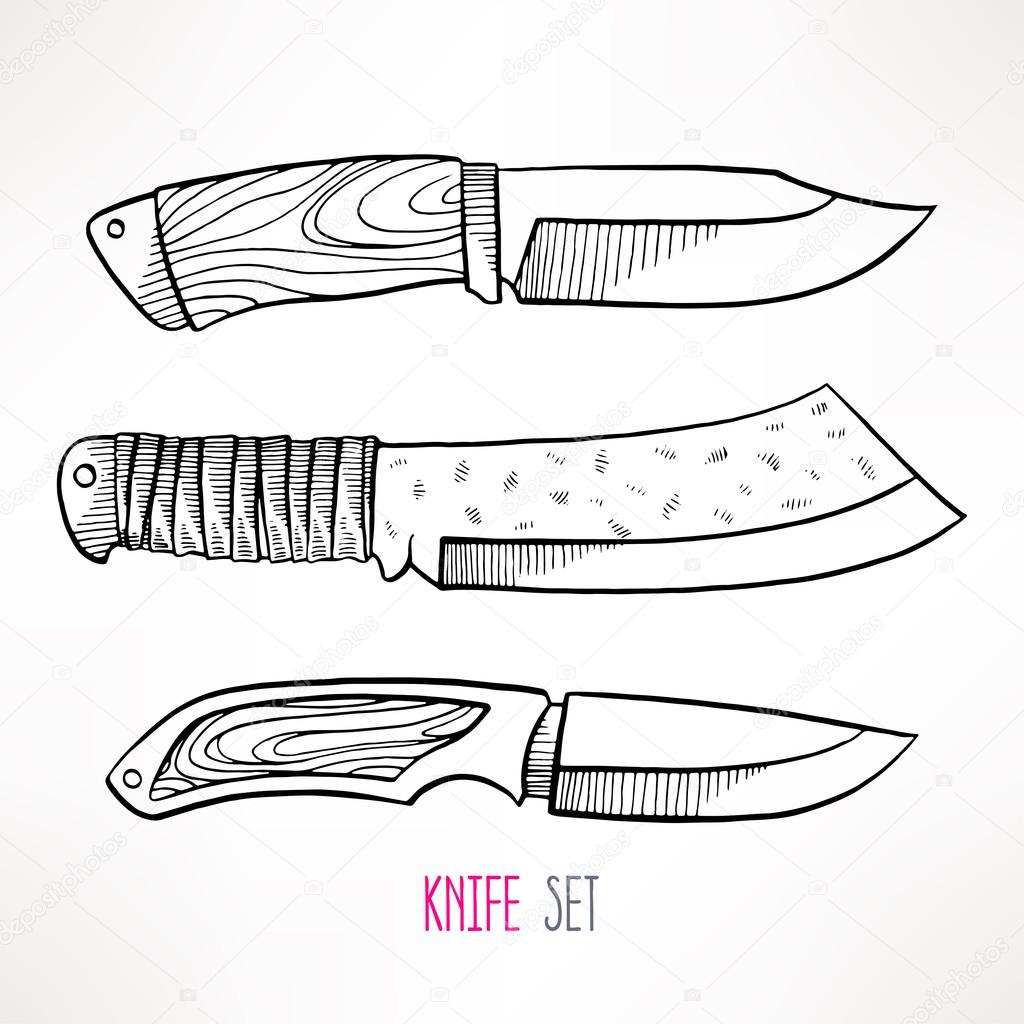 Hunting knife sketch Three sketch hunting knives — Stock Vector