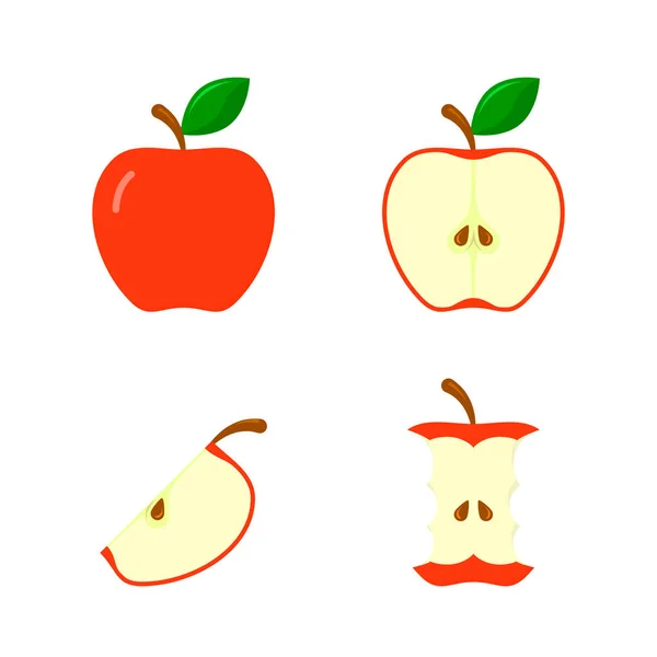Zestaw Ikon Jabłkowych Całość Połowa Owoców Liściem Karkówka Ilustracja Izolowana — Wektor stockowy