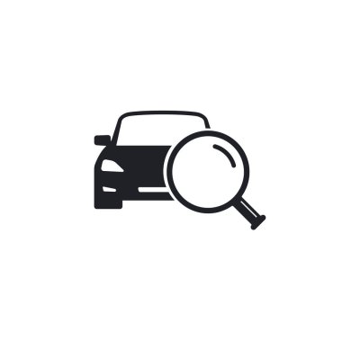 Arama aracı işareti, vektör simgesi. Arabalı büyüteç. Arama otomobili çizimi.