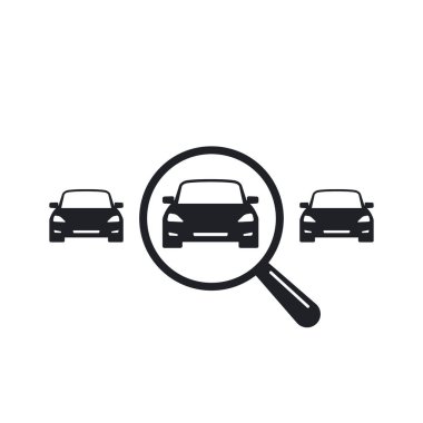 Araç vektör simgesini ara. Arabayla taşınan büyüteç. Arama otomobili çizimi.