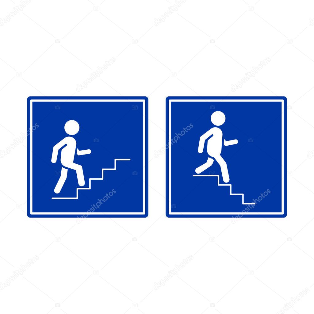 Road sign underpass overpass. Upstairs and downstairs icon. Walking man in the stairs flat design. Vector isolated illustration.