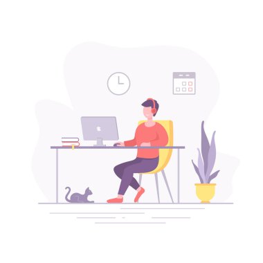 Masadaki adam bilgisayarda çalışıyor, düz tasarım vektör çizimi.