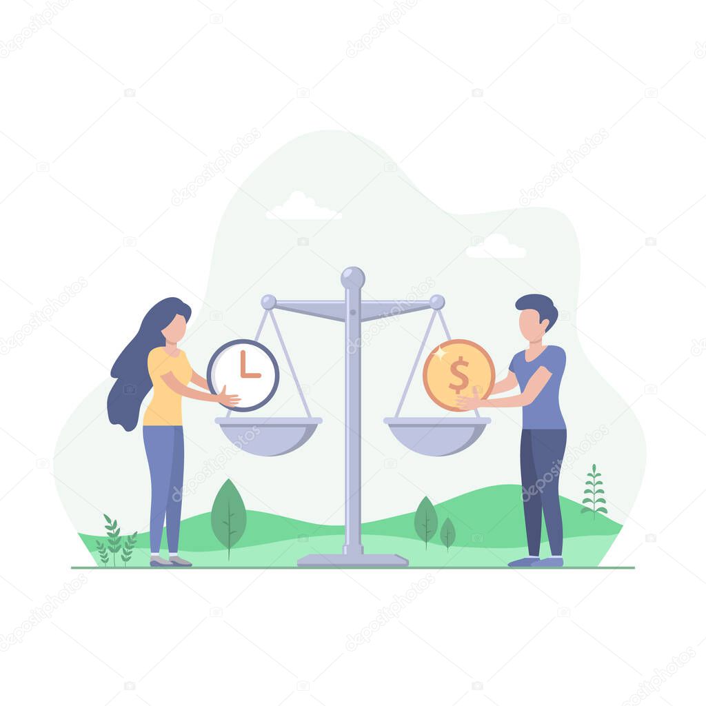 Man and Woman put clock and money on the scales vector flat illustration. Business and Time Management Balance, Planning. Time is money concept.