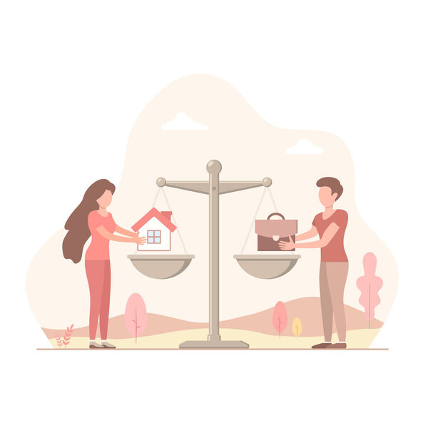 Home and business case on scales flat Vector illustration. Balance Weight between work and family.