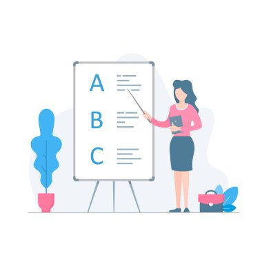 Blackboard Holding Pointer 'da öğretmen, vektör izole edilmiş düz tasarım illüstrasyon. Sunum konsepti.