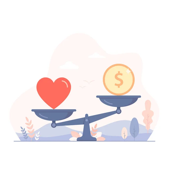 心和钱在天平上矢量平面设计图解 金钱和爱情在规模上的平衡 爱的重量和钱币 — 图库矢量图片