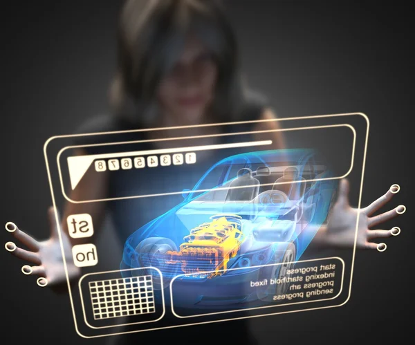 woman and hologram with sport car