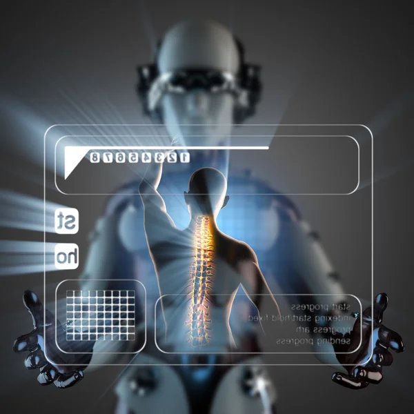 cyborg woman and human radiography on hologram display