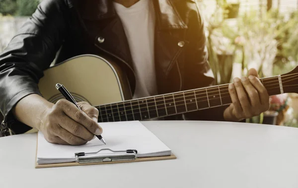 Song Writer Holding Pen Compose Song Musician Playing Acoustic Guitar — Stock Photo, Image