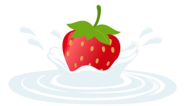 Yeşil yapraklı parlak kırmızı çilek hareket ve hayat dolu beyaz sütün içine düşüyor..