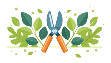 El budayıcılarının basit düz bir çizimi. Yapraklı bir dalı kesiyor. Parlak yeşil yapraklar yumuşak şekiller.