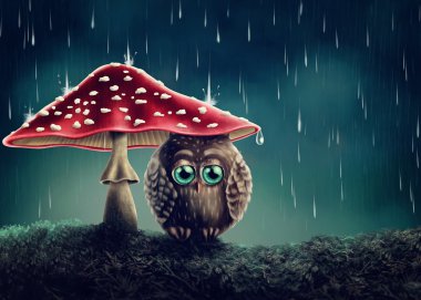 Little owl under mushrooms clipart