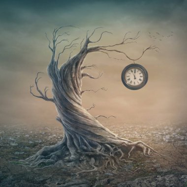 Kayalık çayırda saati olan yaşlı yalnız ağaç.