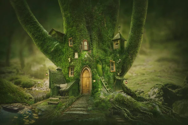 Maison Arbre Magique Dans Forêt Enchantée — Photo