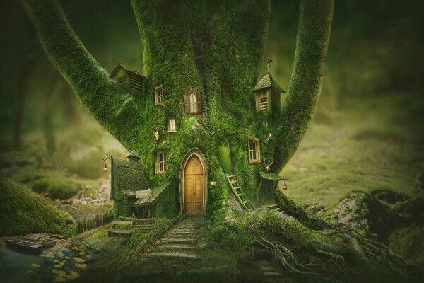 Magic tree home in the enchanted forest