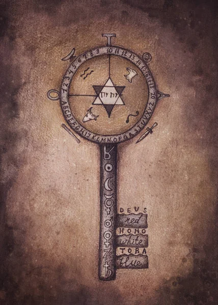 Alchemical Illustrationof Key Акварель — стокове фото