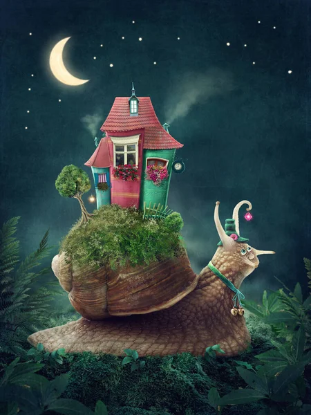 在童话般的土地上带着房子的可爱蜗牛 — 图库照片