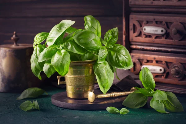 Bodegón Con Albahaca Fresca Mortero — Foto de Stock