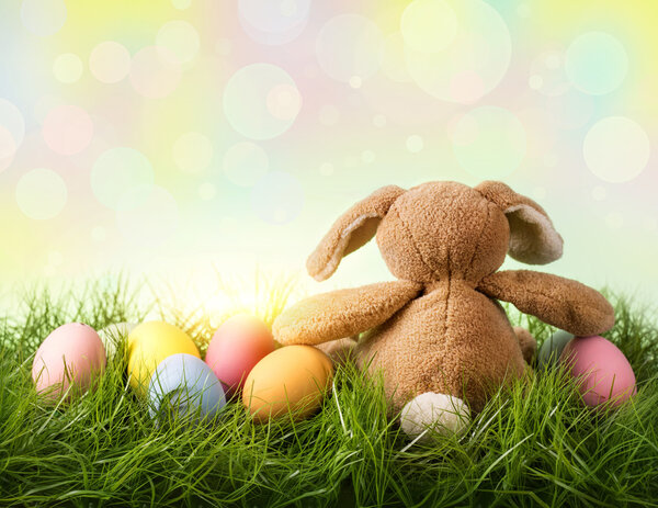 Цветные пасхальные яйца и кролик
