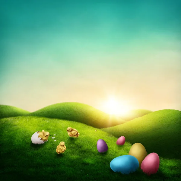 Easter landscape with colorful eggs — Stock Photo, Image