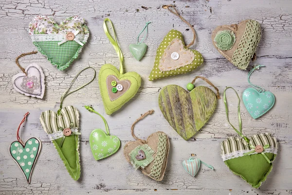 Green fabric  hearts — Stock Photo, Image