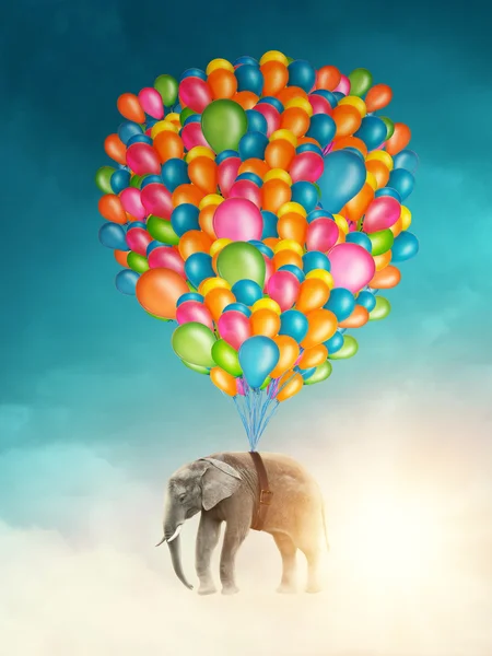 Летящий слон с воздушными шарами — стоковое фото