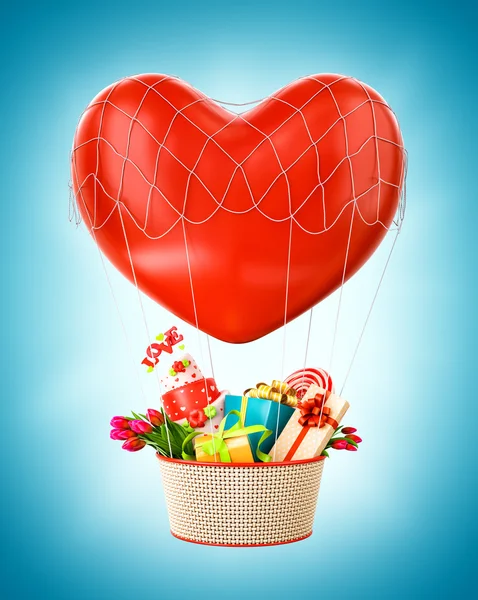 Cute hot air balloon with a basket full of gifts and sweets. — Stock Photo, Image