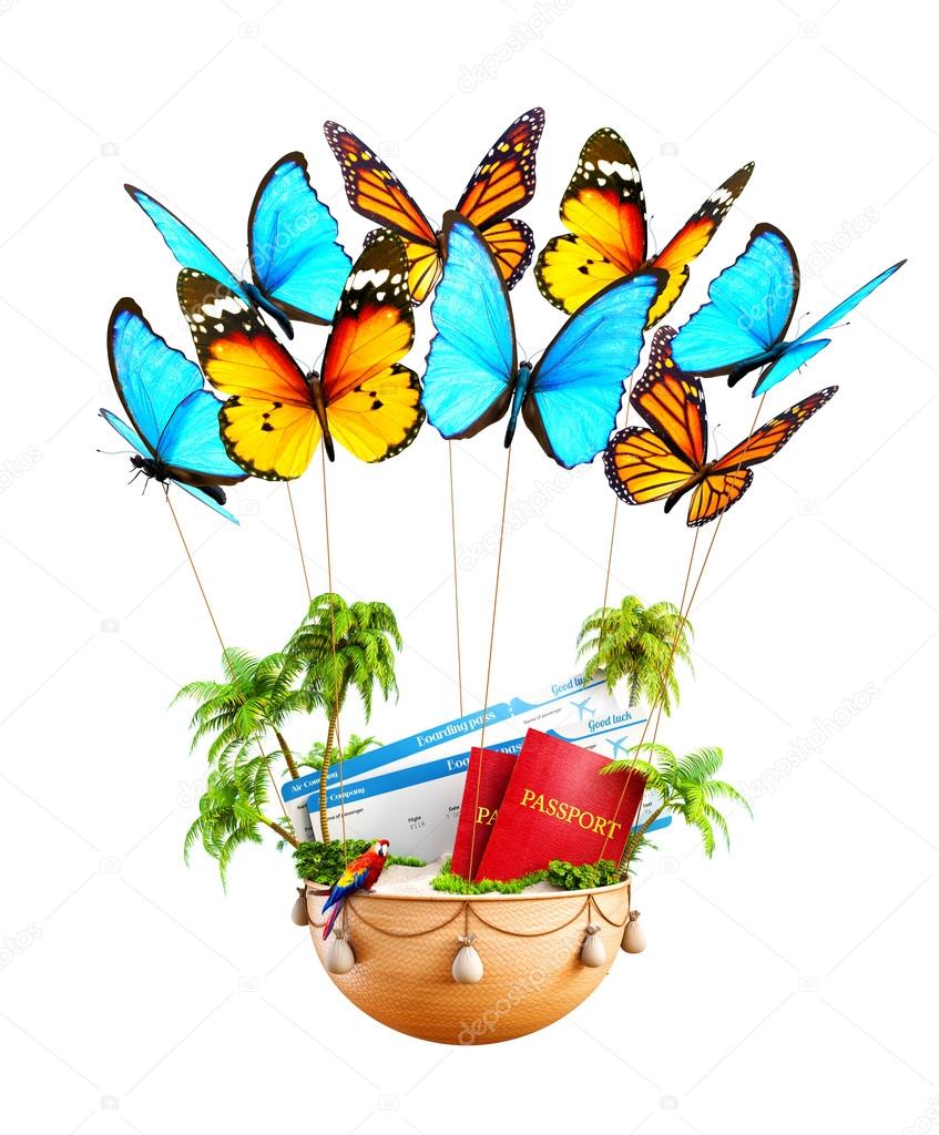 Flying butterflies carrying a basket