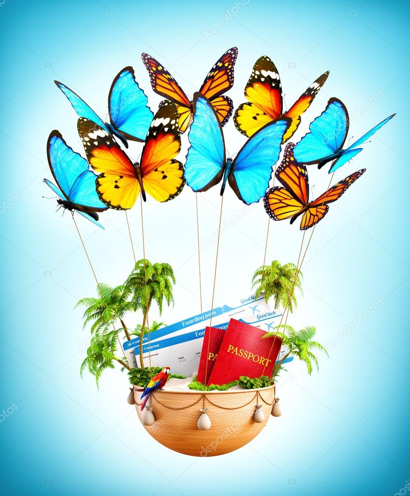 Flying butterflies carrying a basket with tropical island